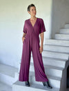 caraucci purple one-piece v neck pantsuit with pockets and flare legs #color_jam