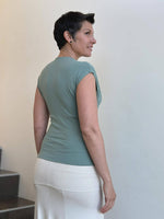 caraucci plant-based rayon stretch jersey sage green cross over neckline top #color_moss