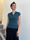 caraucci plant-based rayon stretch jersey teal blue cross over neckline top #color_teal