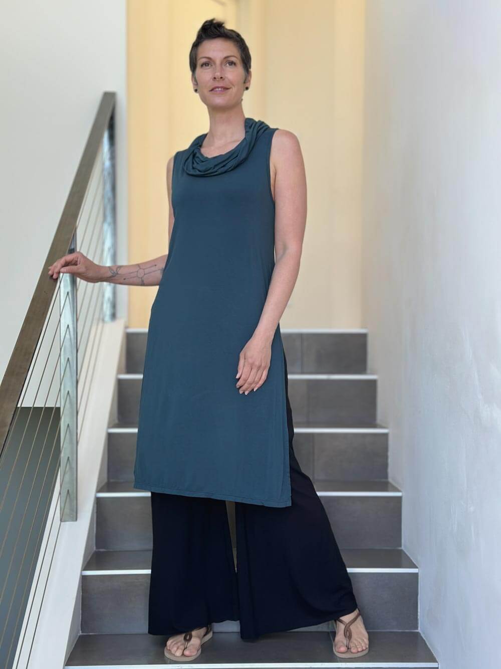 caraucci teal blue cowl neck side slit sleeveless tunic #color_teal