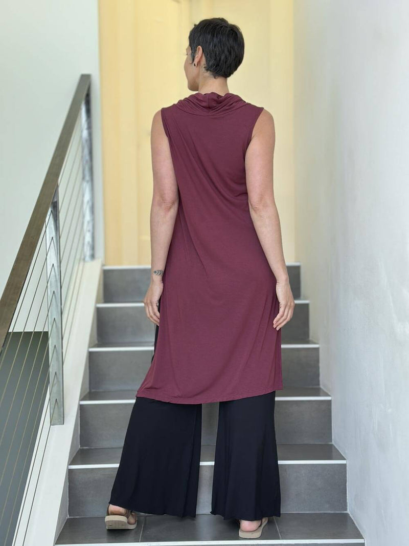 caraucci maroon cowl neck side slit sleeveless tunic #color_wine