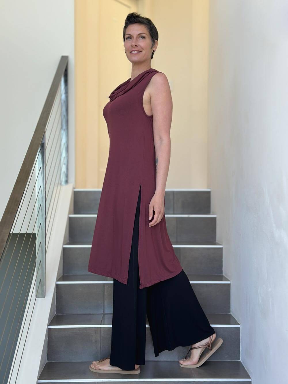 caraucci maroon cowl neck side slit sleeveless tunic #color_wine