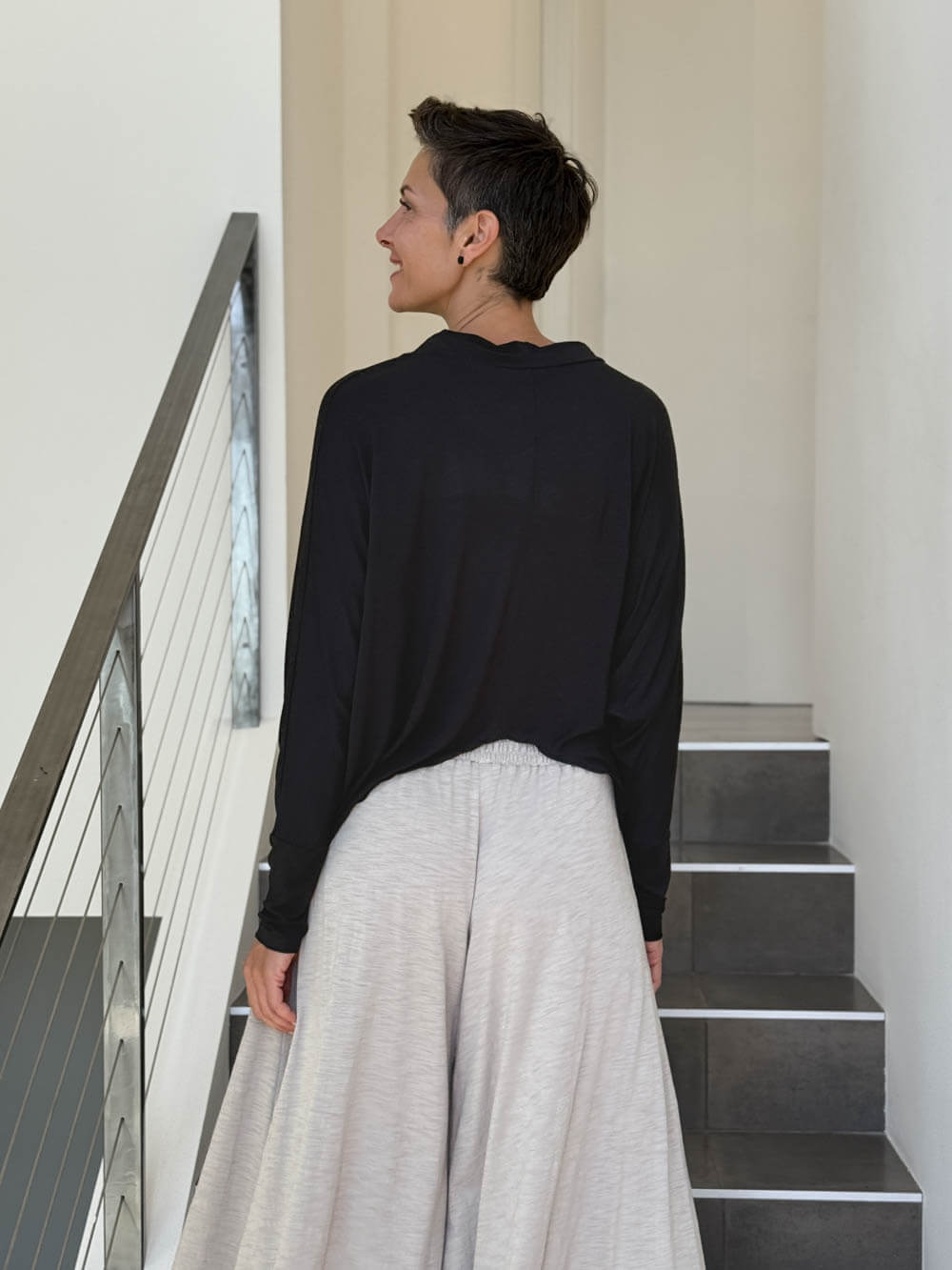 women's natural lightweight rayon jersey black cowl neck loose fit top with thumbholes #color_black
