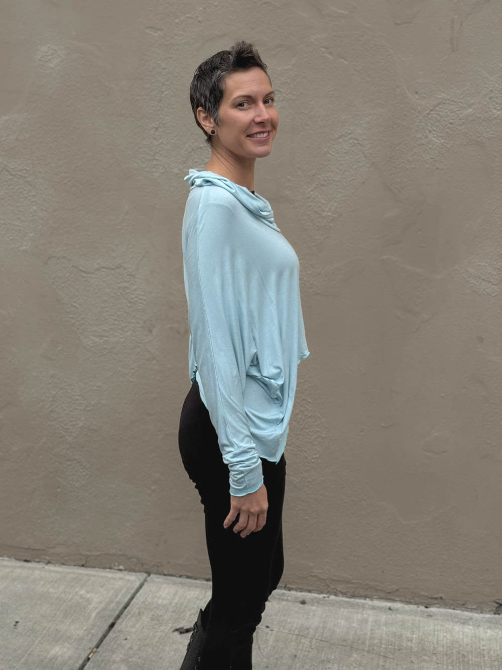 women's natural lightweight rayon jersey cowl neck sky blue loose fit top with thumbholes #color_canal-blue