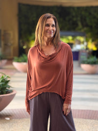 women's natural lightweight rayon jersey orange cowl neck loose fit top with thumbholes #color_copper