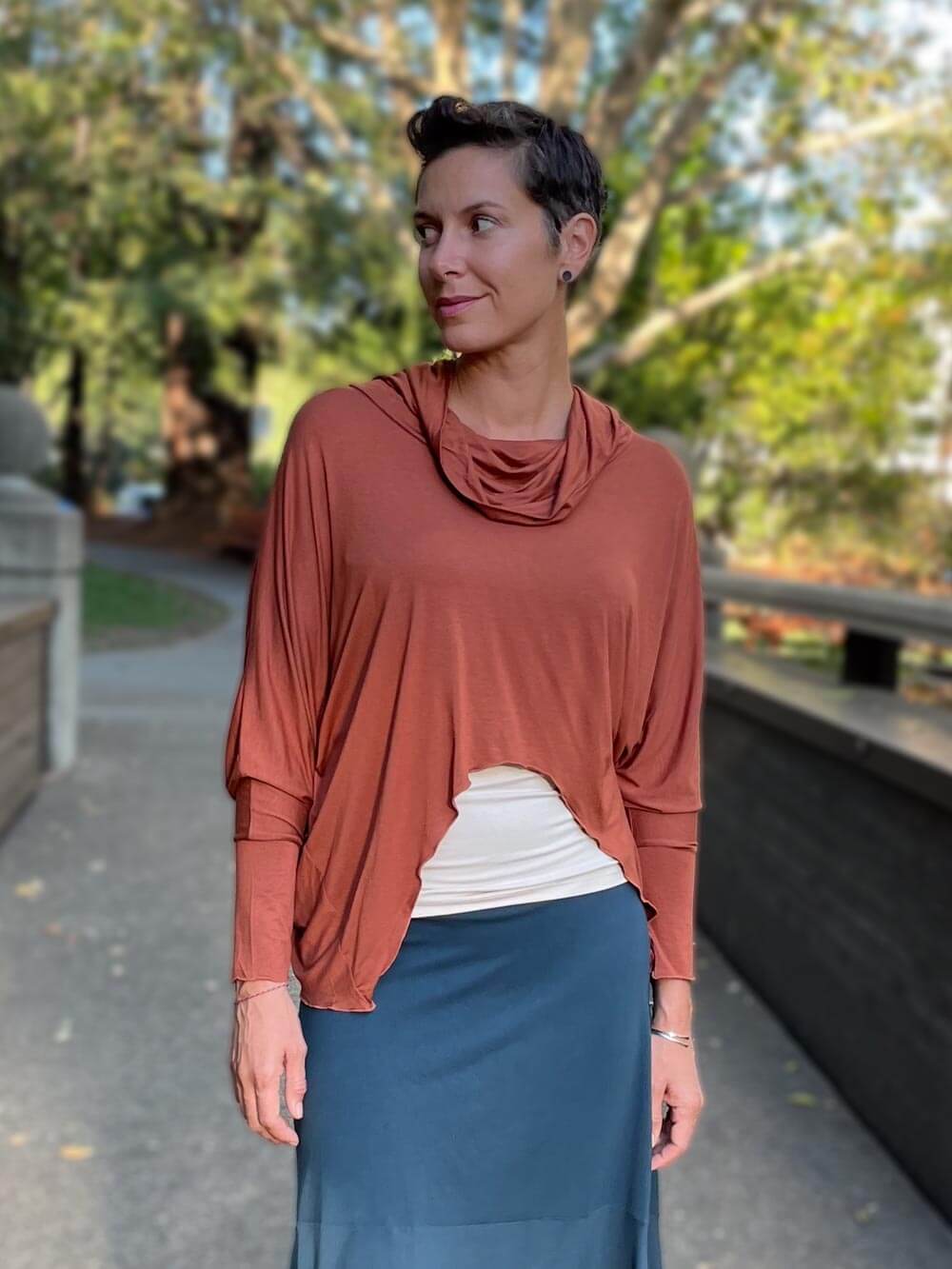 women's natural lightweight rayon jersey cowl neck rust loose fit top with thumbholes #color_copper