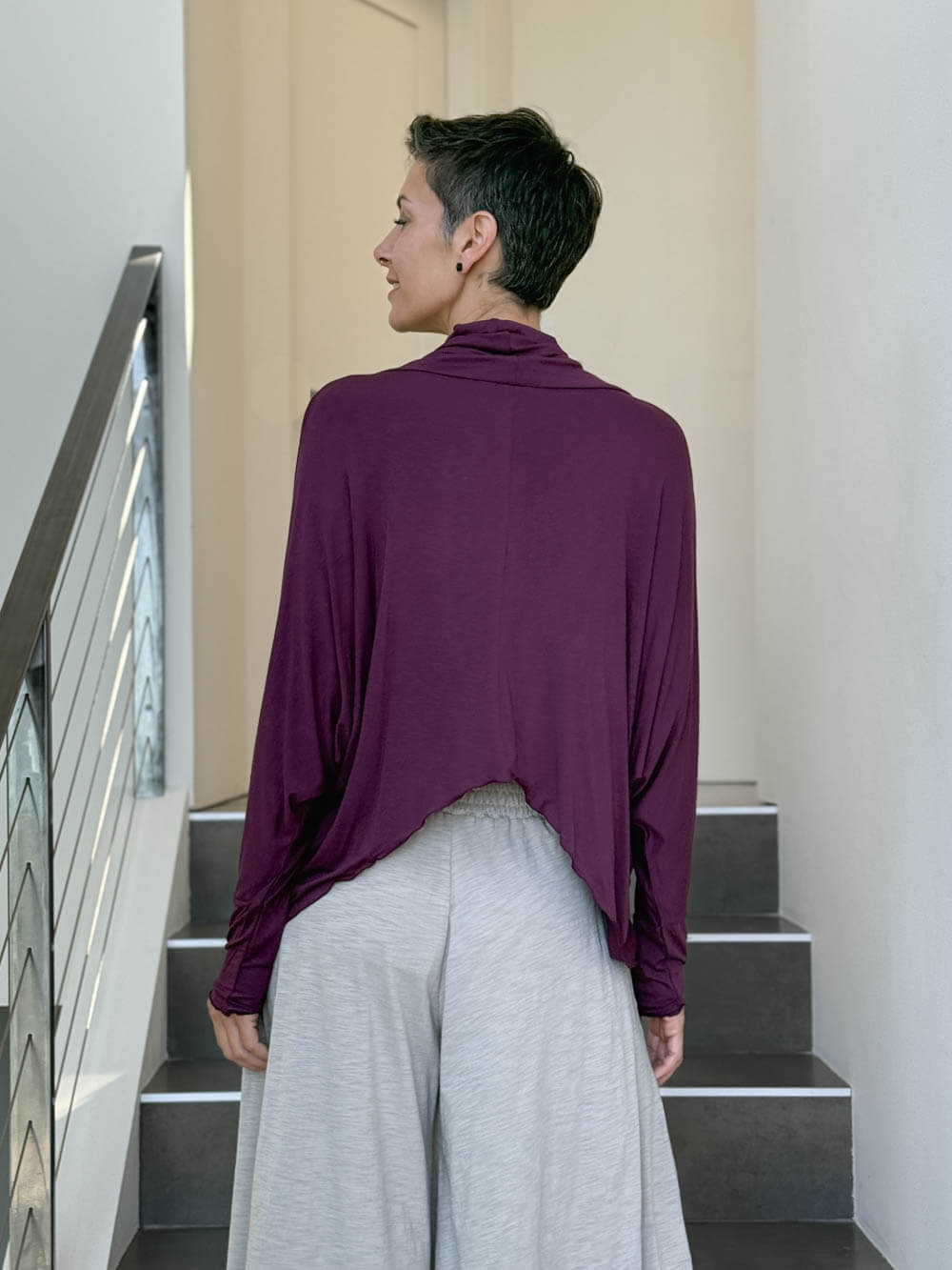 caraucci lightweight rayon jersey long sleeve cowl neck purple loose fit top #color_jam