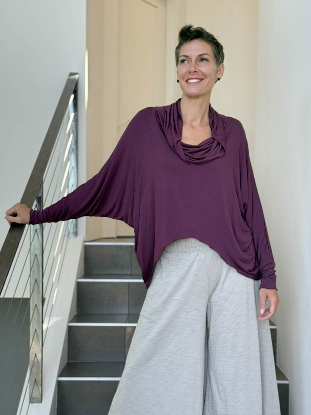 caraucci lightweight rayon jersey long sleeve cowl neck purple loose fit top #color_jam