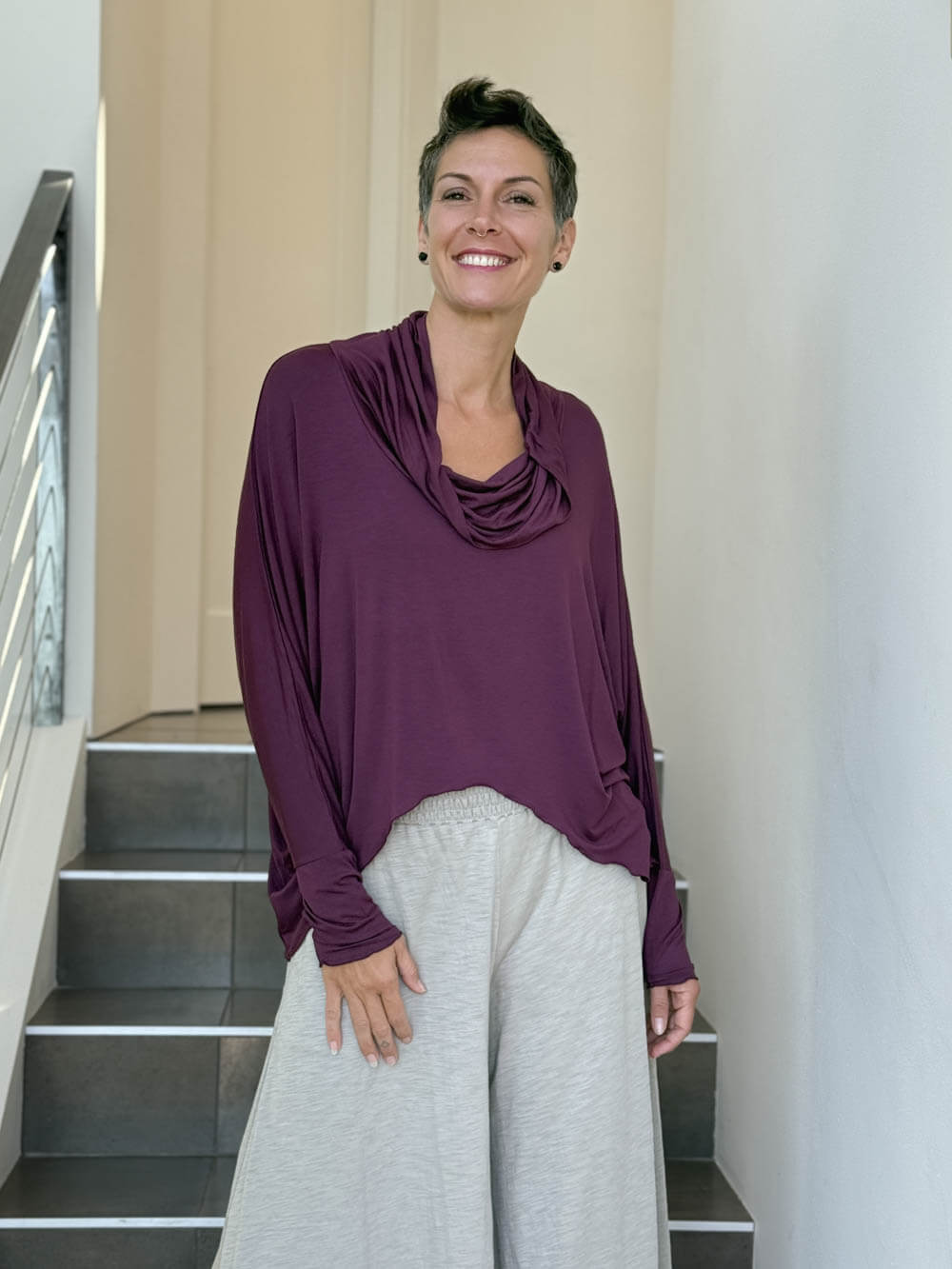 caraucci lightweight rayon jersey long sleeve cowl neck purple loose fit top #color_jam