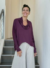caraucci lightweight rayon jersey long sleeve cowl neck purple loose fit top #color_jam