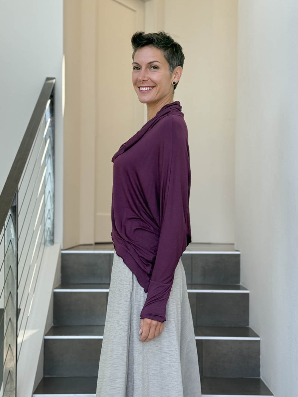 caraucci lightweight rayon jersey long sleeve cowl neck purple loose fit top #color_jam