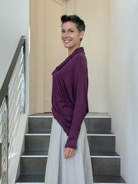 caraucci lightweight rayon jersey long sleeve cowl neck purple loose fit top #color_jam