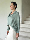 women's lightweight rayon jersey moss green cowl neck loose fit top with thumbholes #color_moss