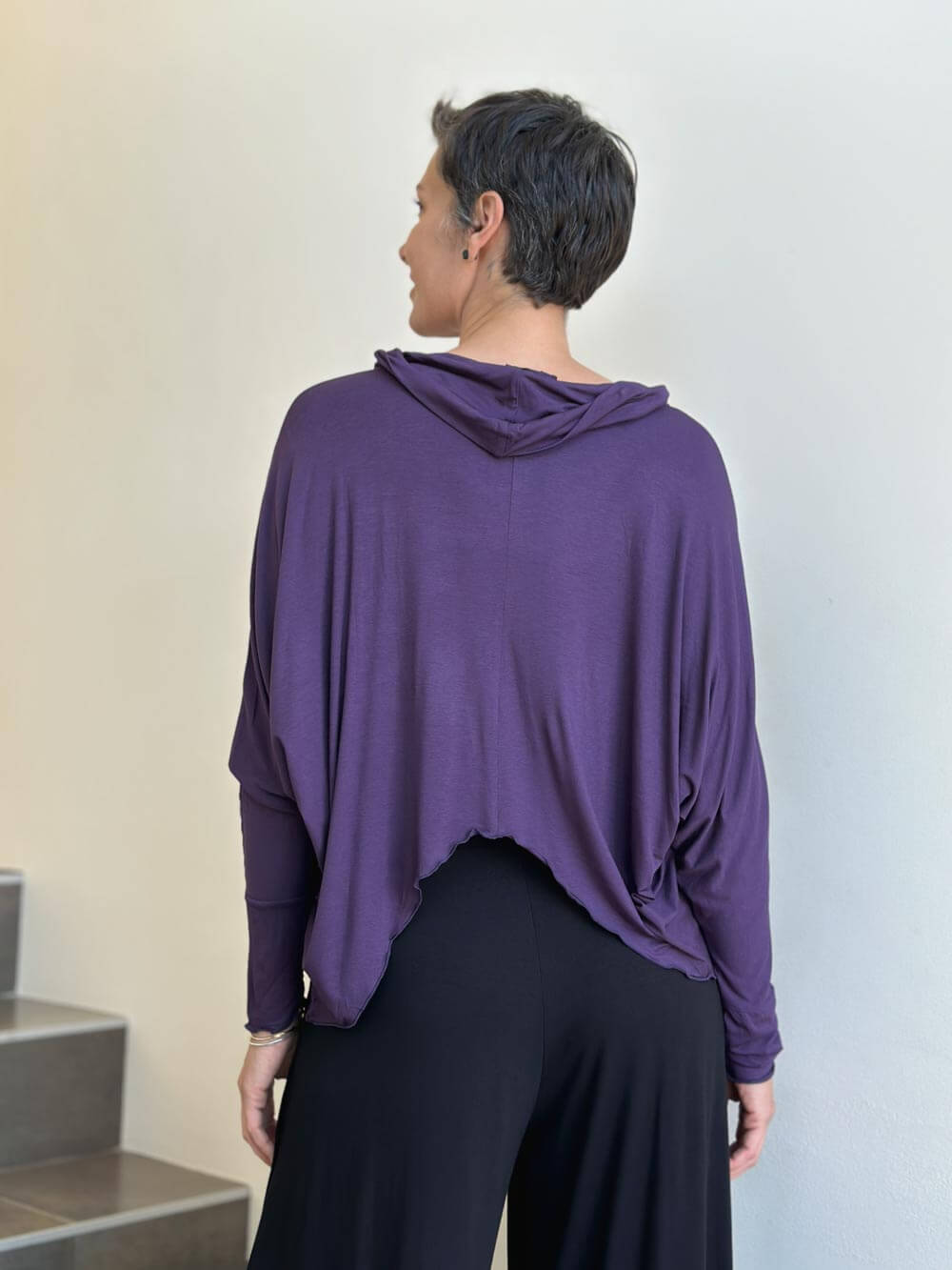 women's natural lightweight rayon jersey purple cowl neck loose fit top with thumbholes #color_plum