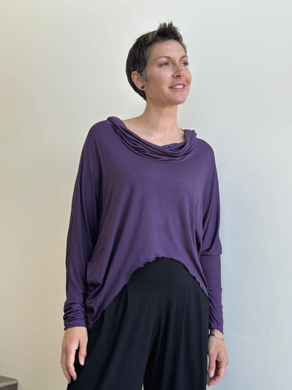 women's natural lightweight rayon jersey purple cowl neck loose fit top with thumbholes #color_plum