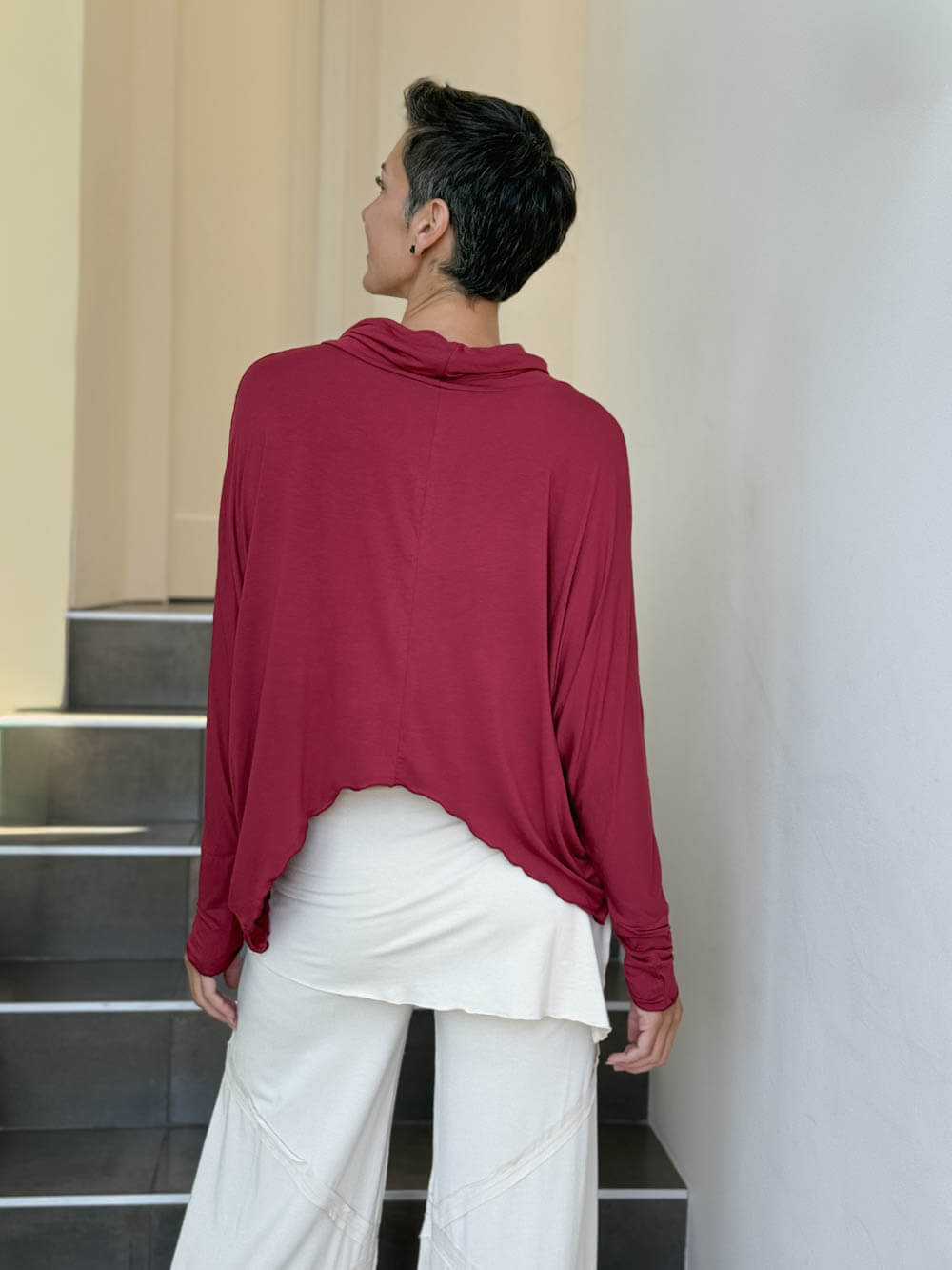 caraucci lightweight rayon jersey long sleeve cowl neck scarlet red loose fit top #color_scarlet