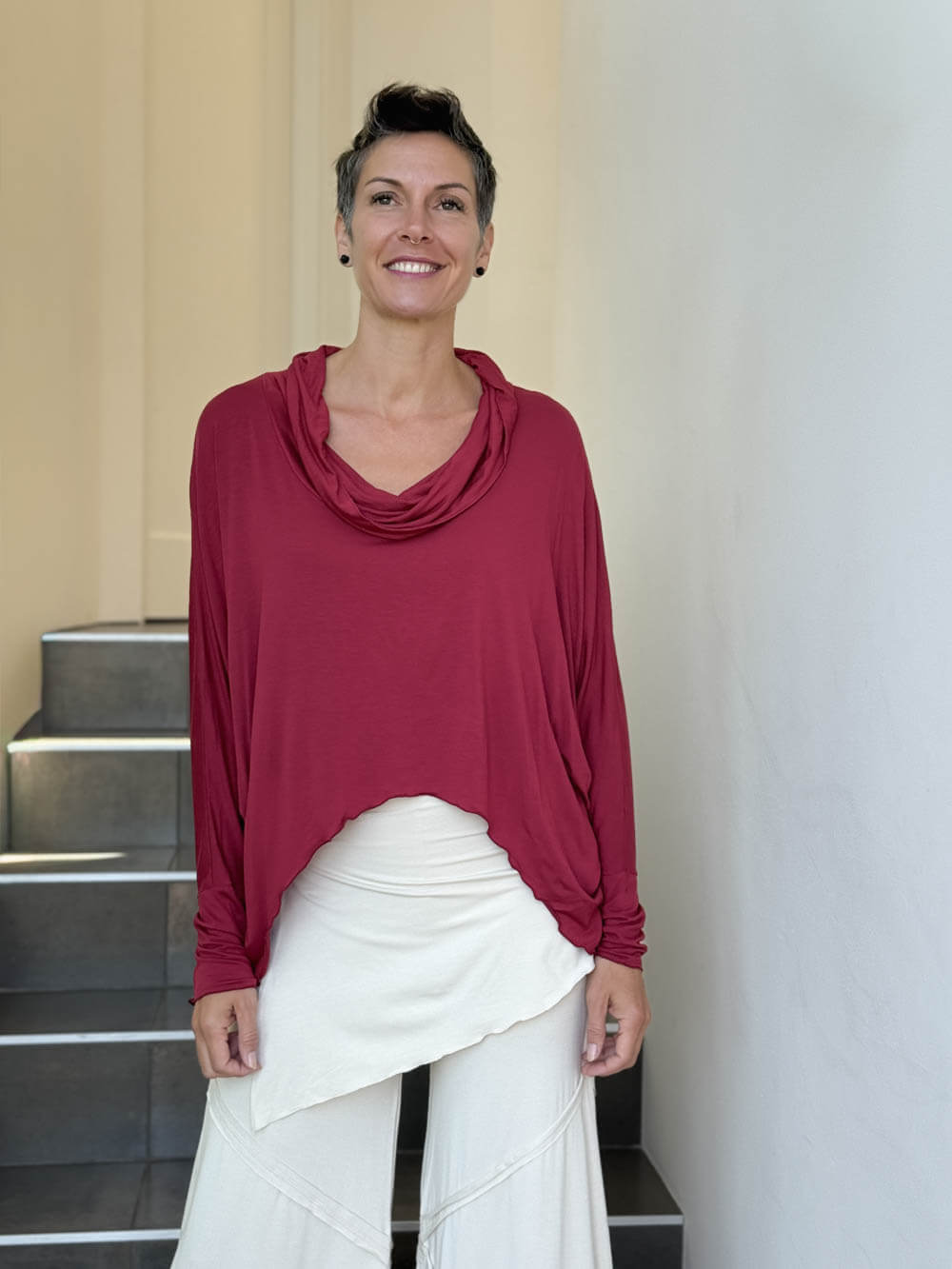 caraucci lightweight rayon jersey long sleeve cowl neck scarlet red loose fit top #color_scarlet