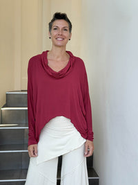 caraucci lightweight rayon jersey long sleeve cowl neck scarlet red loose fit top #color_scarlet