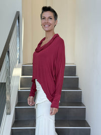 caraucci lightweight rayon jersey long sleeve cowl neck scarlet red loose fit top #color_scarlet