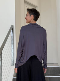 women's natural lightweight rayon jersey steel grey cowl neck loose fit top with thumbholes #color_steel