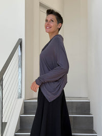 women's natural lightweight rayon jersey steel grey cowl neck loose fit top with thumbholes #color_steel