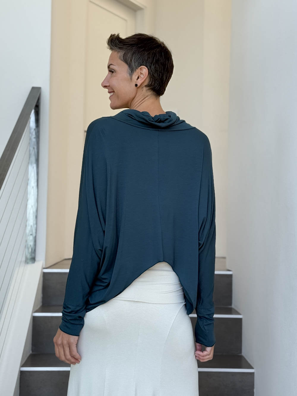 women's natural lightweight rayon jersey teal blue cowl neck loose fit top with thumbholes #color_teal