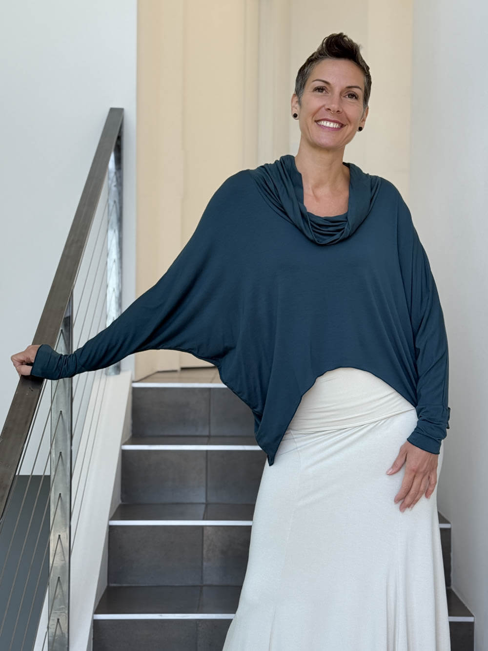 women's natural lightweight rayon jersey teal blue cowl neck loose fit top with thumbholes #color_teal