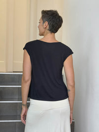 CARAUCCI Erna top in black lightweight rayon jersey with cap sleeves and draped neckline #color_black