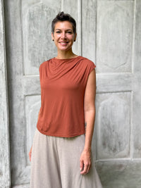 CARAUCCI Erna top in soft orange lightweight rayon jersey with cap sleeves and draped neckline #color_copper