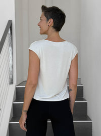 CARAUCCI Erna top in soft cream lightweight rayon jersey with cap sleeves and draped neckline #color_cream
