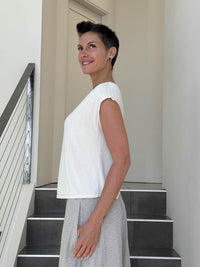 CARAUCCI Erna top in soft cream lightweight rayon jersey with cap sleeves and draped neckline #color_cream