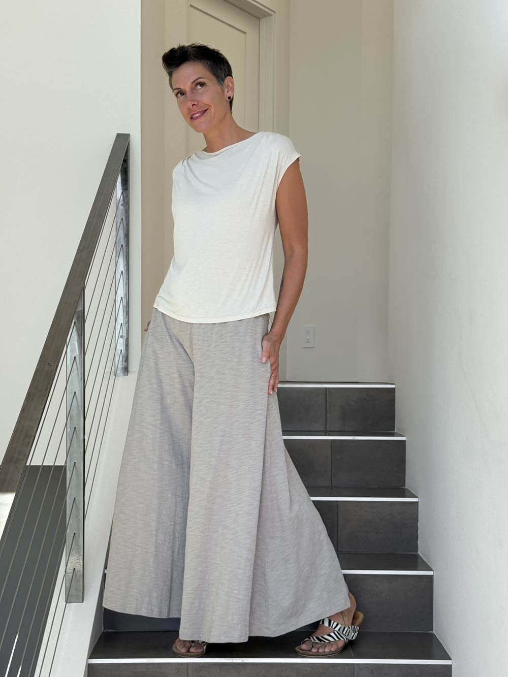 CARAUCCI Erna top in soft cream lightweight rayon jersey with cap sleeves and draped neckline #color_cream