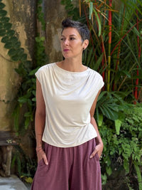 CARAUCCI Erna top in soft cream lightweight rayon jersey with cap sleeves and draped neckline #color_cream