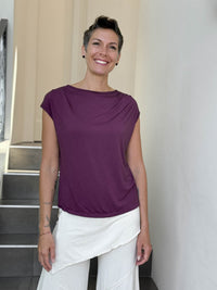 CARAUCCI Erna top in muted purple lightweight rayon jersey with cap sleeves and draped neckline #color_jam