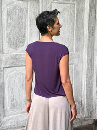 CARAUCCI Erna top in purple lightweight rayon jersey with cap sleeves and draped neckline #color_plum