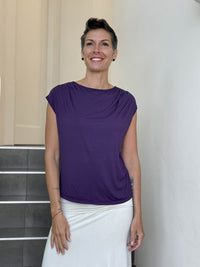 CARAUCCI Erna top in purple lightweight rayon jersey with cap sleeves and draped neckline #color_plum