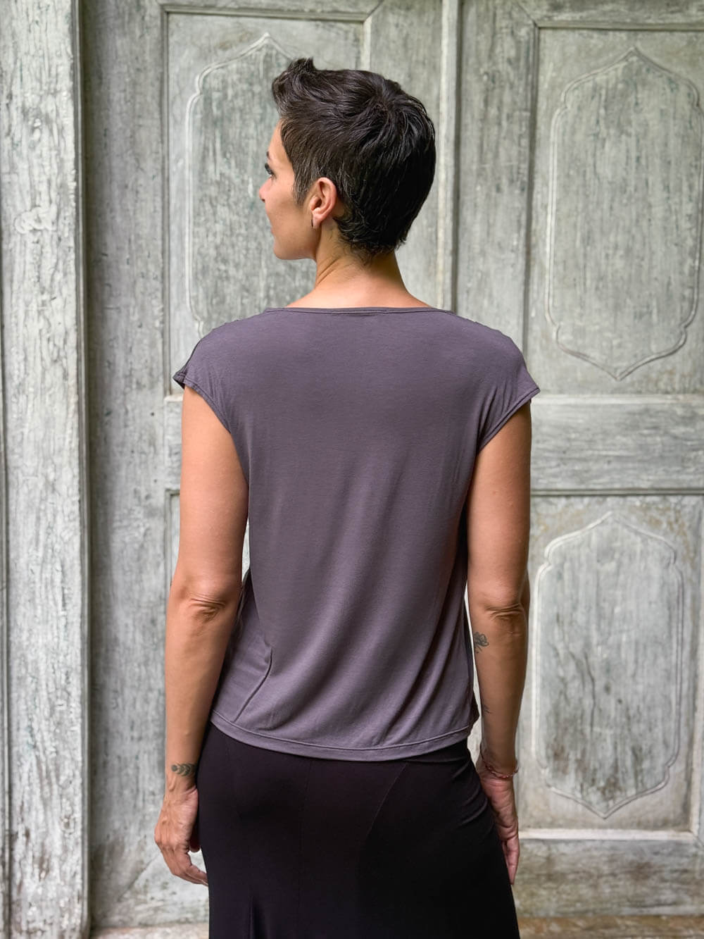 CARAUCCI Erna top in steel grey lightweight rayon jersey with cap sleeves and draped neckline #color_steel