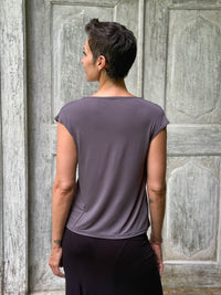 CARAUCCI Erna top in steel grey lightweight rayon jersey with cap sleeves and draped neckline #color_steel