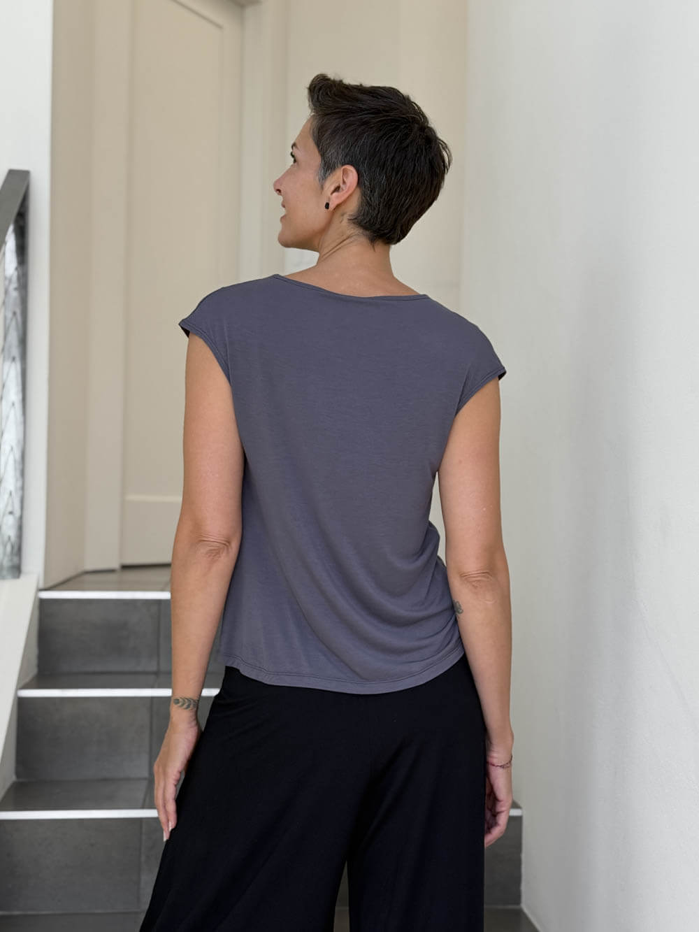 CARAUCCI Erna top in steel grey lightweight rayon jersey with cap sleeves and draped neckline #color_steel