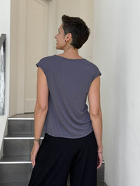 CARAUCCI Erna top in steel grey lightweight rayon jersey with cap sleeves and draped neckline #color_steel