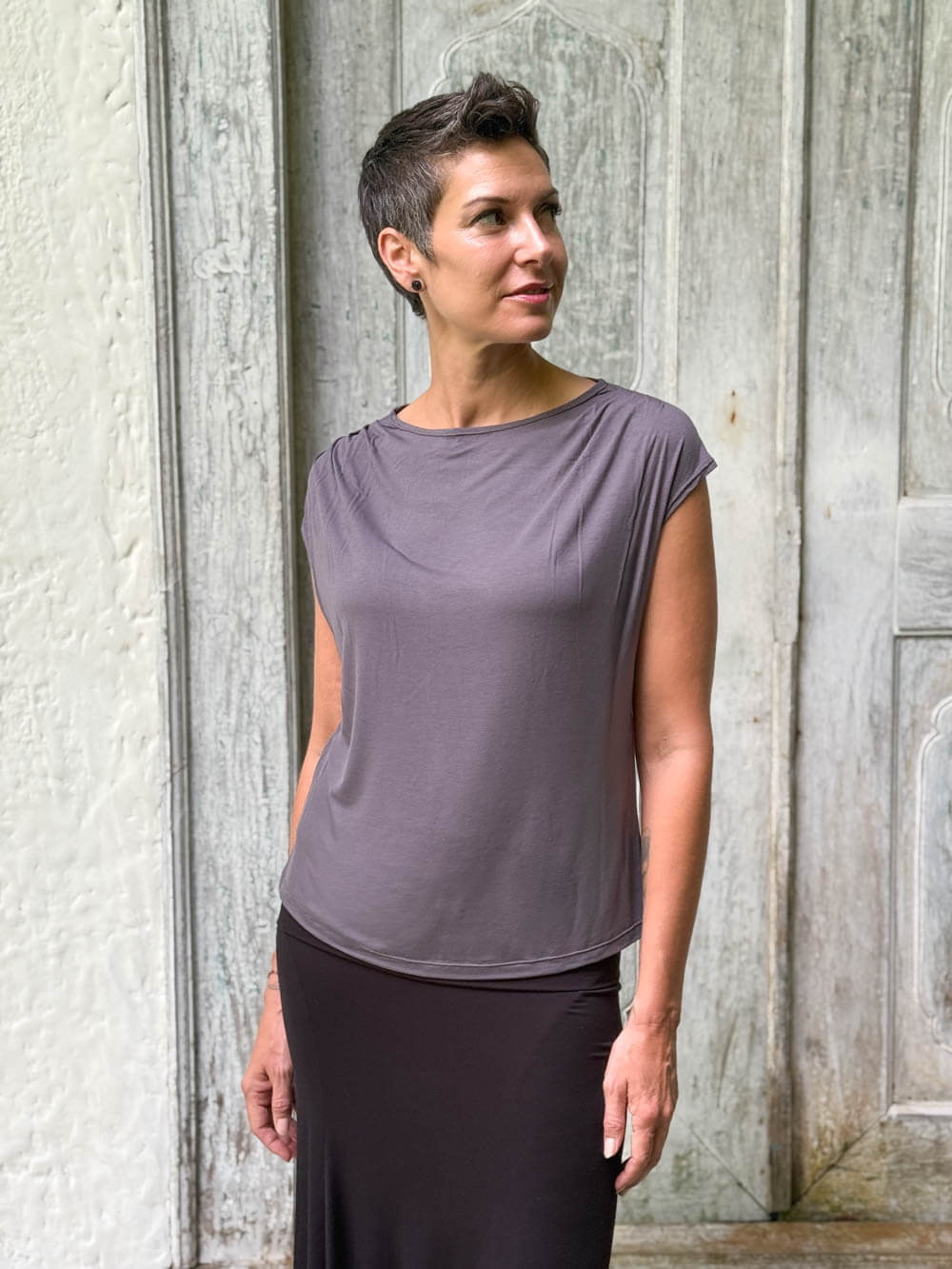 CARAUCCI Erna top in steel grey lightweight rayon jersey with cap sleeves and draped neckline #color_steel