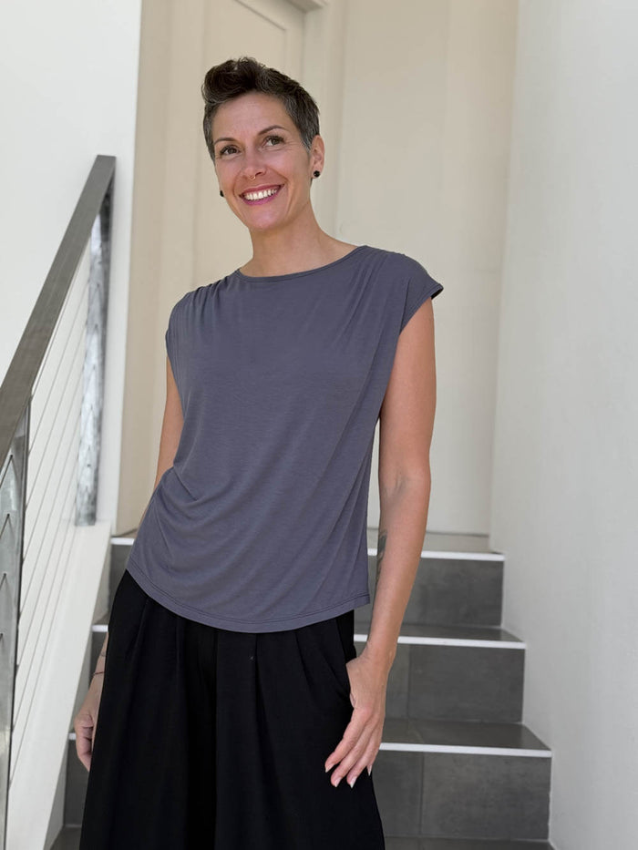 CARAUCCI Erna top in steel grey lightweight rayon jersey with cap sleeves and draped neckline #color_steel