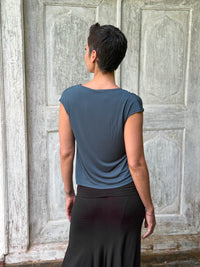 CARAUCCI Erna top in teal blue lightweight rayon jersey with cap sleeves and draped neckline #color_teal