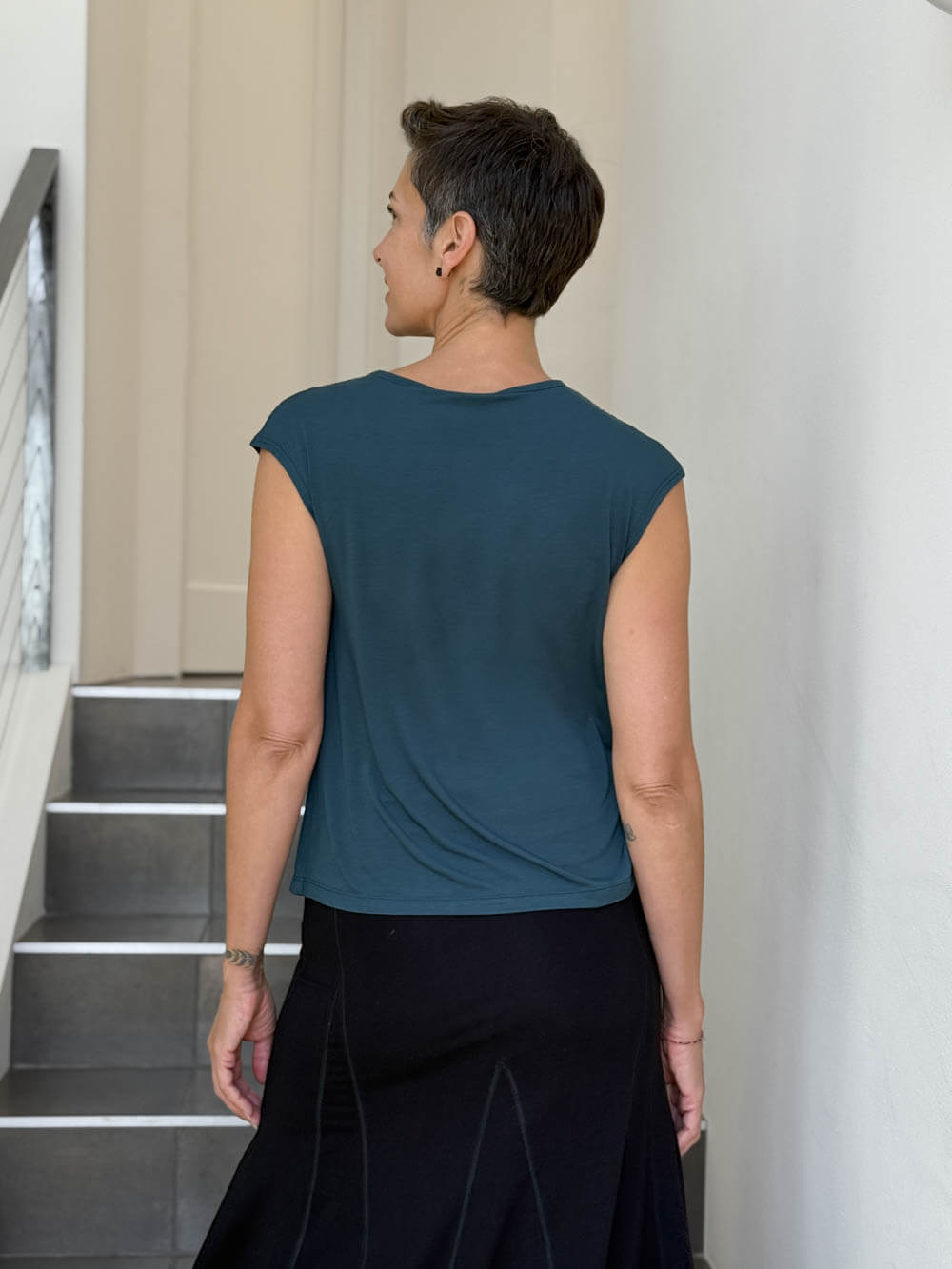 CARAUCCI Erna top in teal blue lightweight rayon jersey with cap sleeves and draped neckline #color_teal