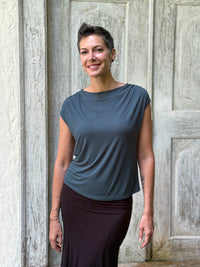 CARAUCCI Erna top in teal blue lightweight rayon jersey with cap sleeves and draped neckline #color_teal