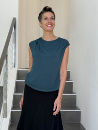 CARAUCCI Erna top in teal blue lightweight rayon jersey with cap sleeves and draped neckline #color_teal