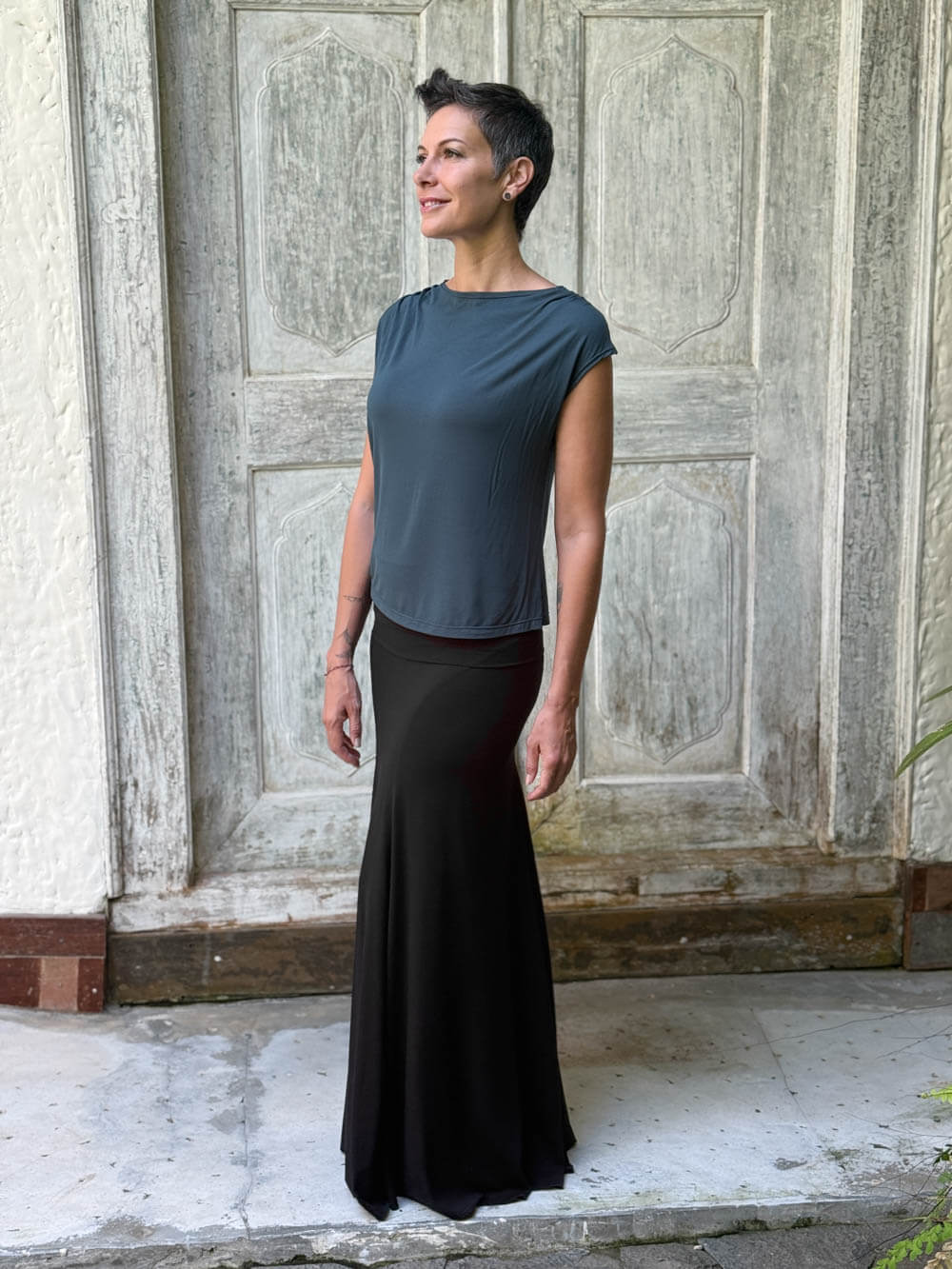CARAUCCI Erna top in teal blue lightweight rayon jersey with cap sleeves and draped neckline #color_teal