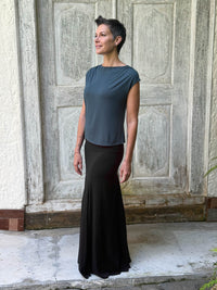CARAUCCI Erna top in teal blue lightweight rayon jersey with cap sleeves and draped neckline #color_teal