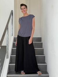 CARAUCCI Erna top in steel grey lightweight rayon jersey with cap sleeves and draped neckline #color_steel