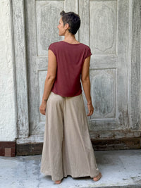 CARAUCCI Erna top in maroon lightweight rayon jersey with cap sleeves and draped neckline #color_wine